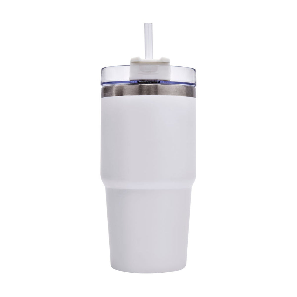 Termo de acero inoxidable personalizado de 590 ml con popote, tapa de tres posiciones y acabado rugoso para empresas.
