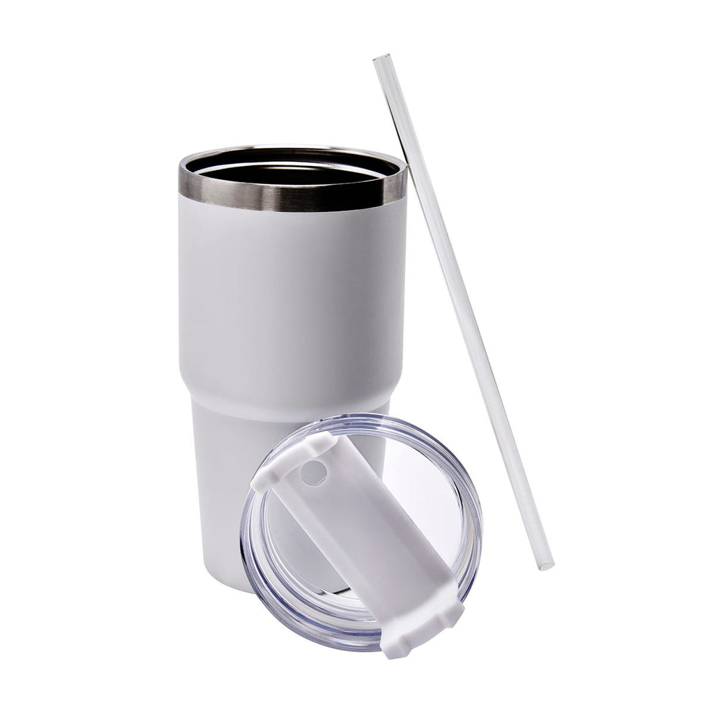 Termo de acero inoxidable personalizado de 590 ml con popote, tapa de tres posiciones y acabado rugoso para empresas.