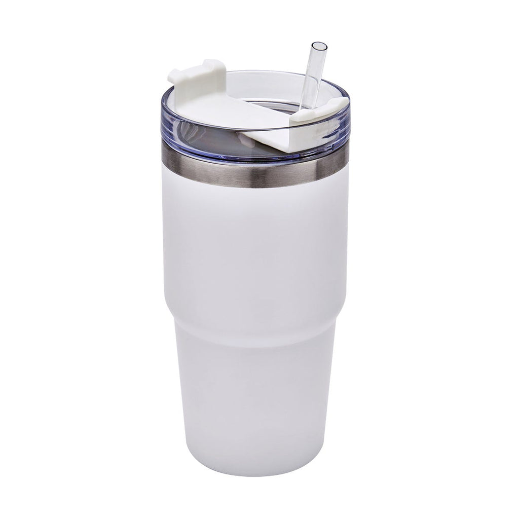 Termo de acero inoxidable personalizado de 590 ml con popote, tapa de tres posiciones y acabado rugoso para empresas.