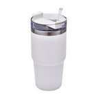 Termo de acero inoxidable personalizado de 590 ml con popote, tapa de tres posiciones y acabado rugoso para empresas.