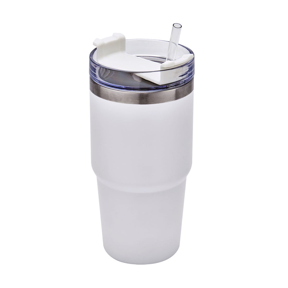 Termo de acero inoxidable personalizado de 590 ml con popote, tapa de tres posiciones y acabado rugoso para empresas.