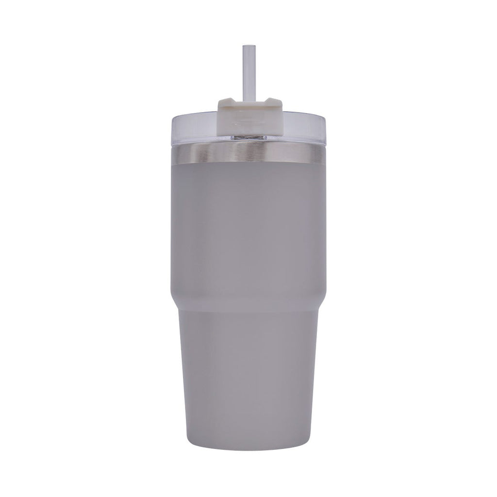 Termo de acero inoxidable personalizado de 590 ml con popote, tapa de tres posiciones y acabado rugoso para empresas.