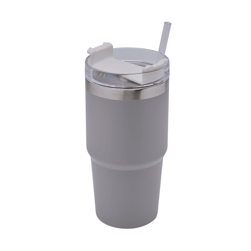 Termo de acero inoxidable personalizado de 590 ml con popote, tapa de tres posiciones y acabado rugoso para empresas.