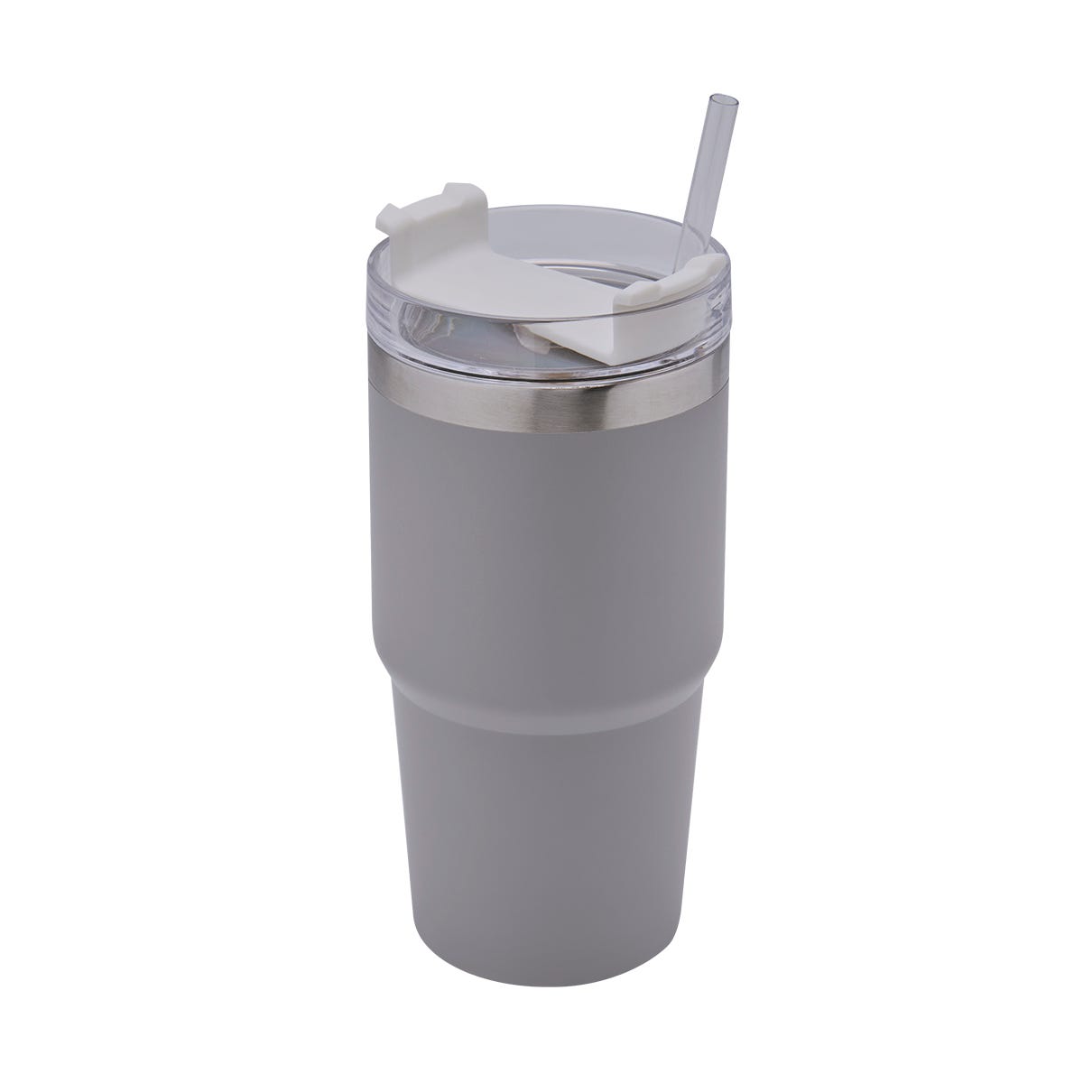 Termo de acero inoxidable personalizado de 590 ml con popote, tapa de tres posiciones y acabado rugoso para empresas.