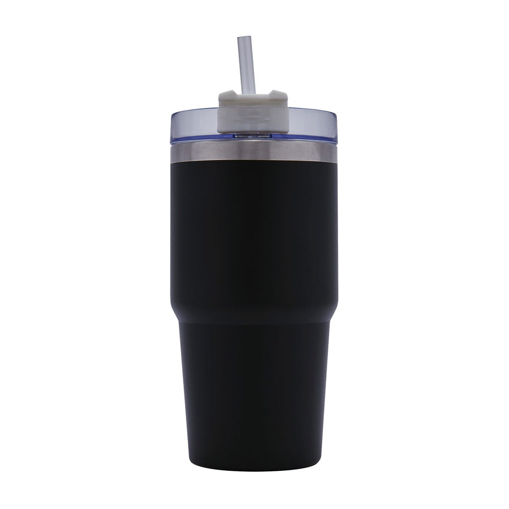 Termo de acero inoxidable personalizado de 590 ml con popote, tapa de tres posiciones y acabado rugoso para empresas.