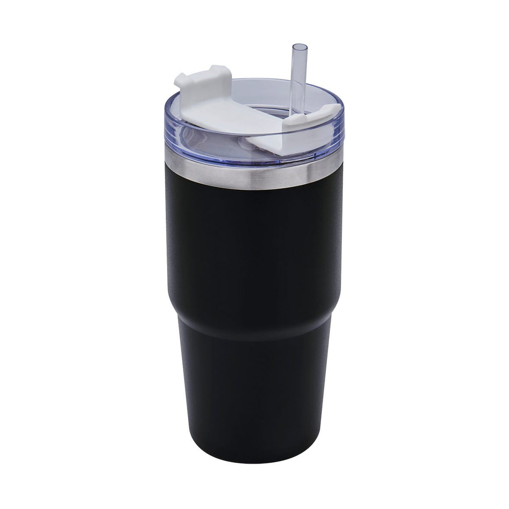 Termo de acero inoxidable personalizado de 590 ml con popote, tapa de tres posiciones y acabado rugoso para empresas.
