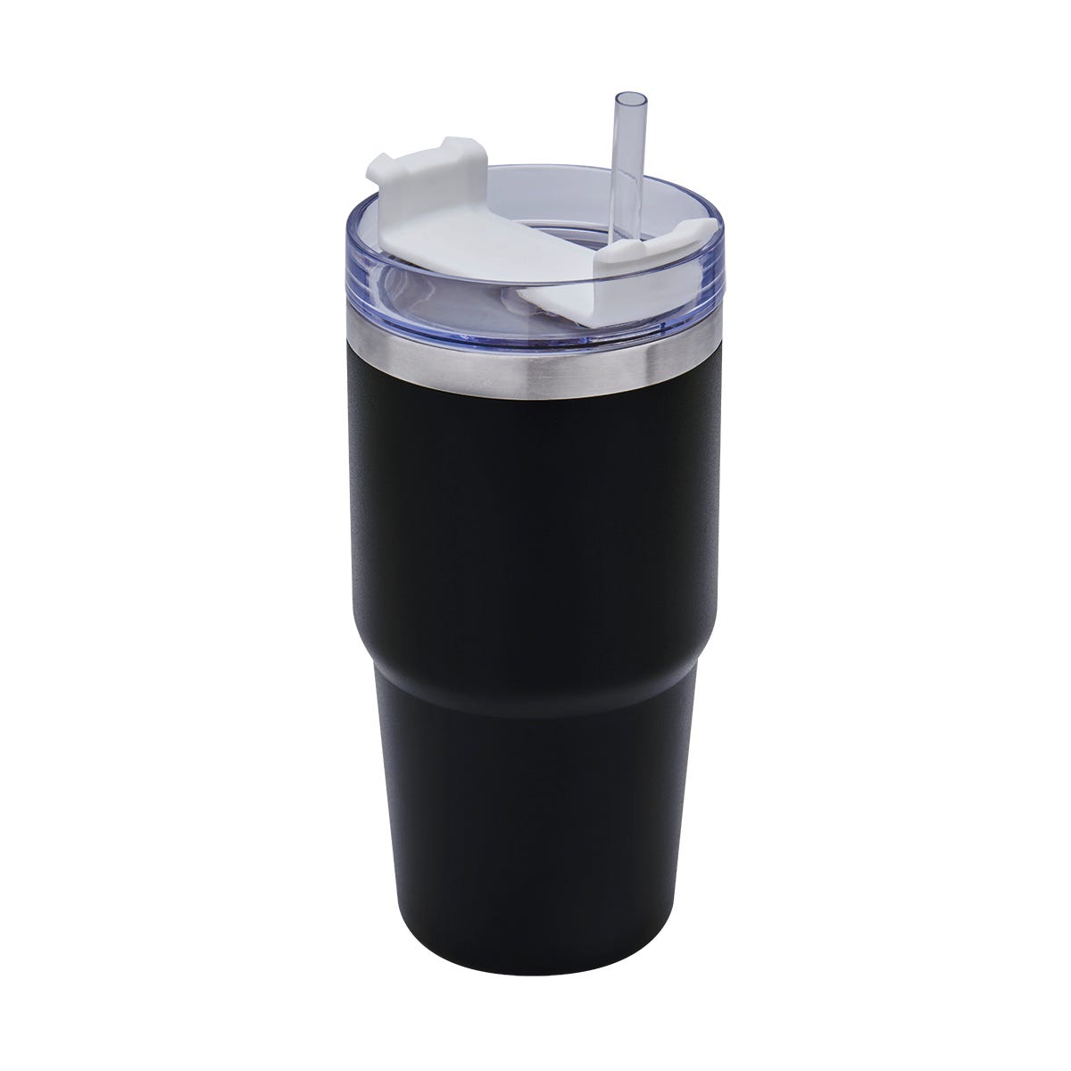 Termo de acero inoxidable personalizado de 590 ml con popote, tapa de tres posiciones y acabado rugoso para empresas.