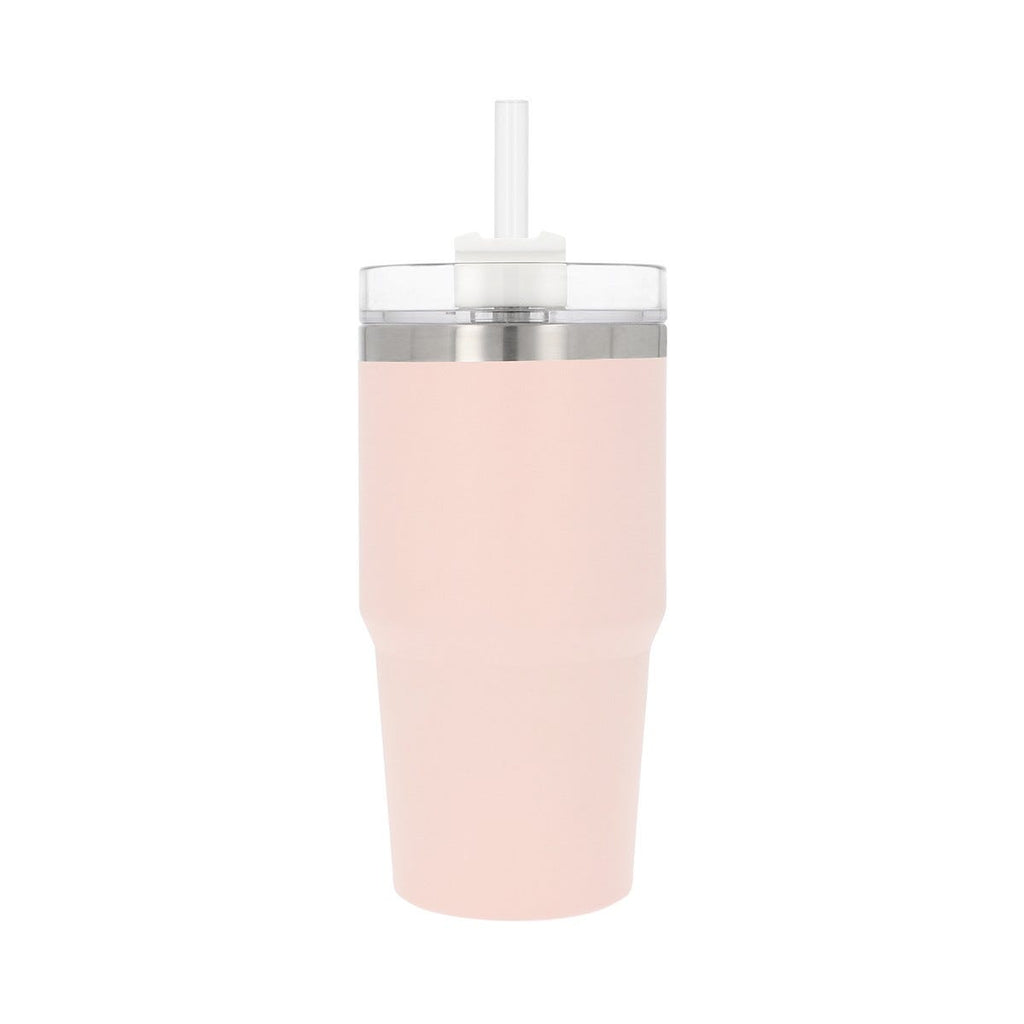 Termo de acero inoxidable personalizado de 590 ml con popote, tapa de tres posiciones y acabado rugoso para empresas.