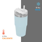 Termo de acero inoxidable personalizado de 590 ml con popote, tapa de tres posiciones y acabado rugoso para empresas.