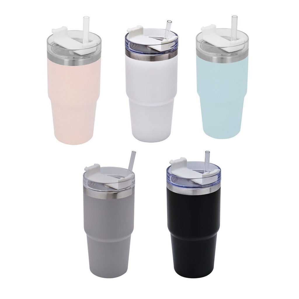 Termo de acero inoxidable personalizado de 590 ml con popote, tapa de tres posiciones y acabado rugoso para empresas.