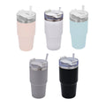 Termo de acero inoxidable personalizado de 590 ml con popote, tapa de tres posiciones y acabado rugoso para empresas.