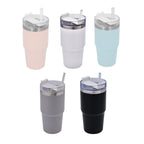 Termo de acero inoxidable personalizado de 590 ml con popote, tapa de tres posiciones y acabado rugoso para empresas.