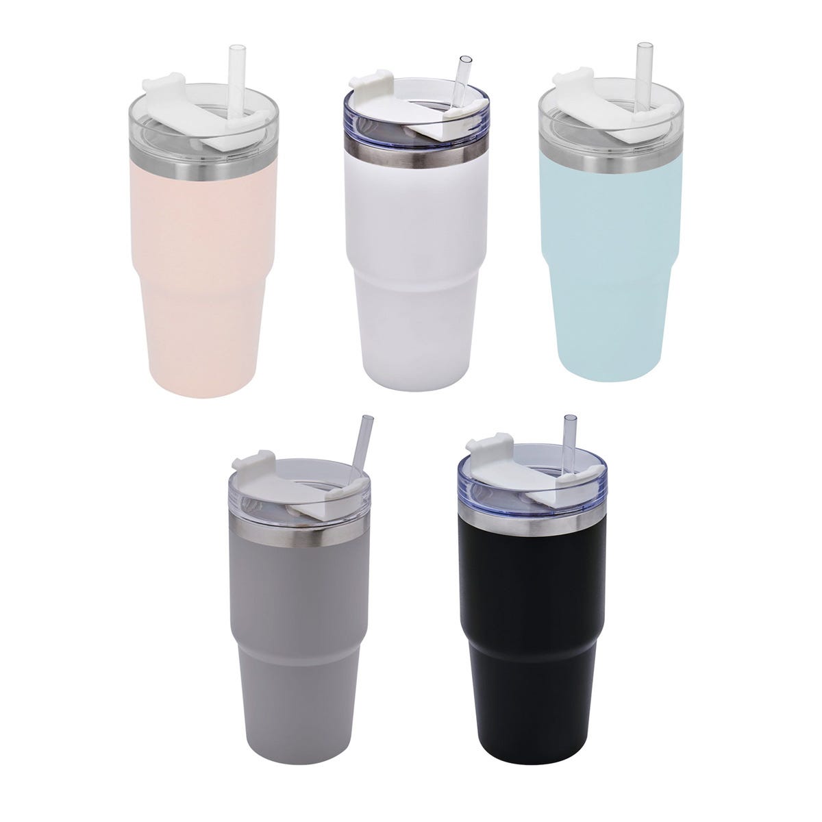 Termo de acero inoxidable personalizado de 590 ml con popote, tapa de tres posiciones y acabado rugoso para empresas.