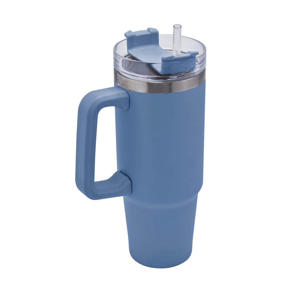 Termo de acero inoxidable personalizado de 850 ml con popote, asa y tapa de tres posiciones para empresas.