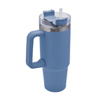 Termo de acero inoxidable personalizado de 850 ml con popote, asa y tapa de tres posiciones para empresas.