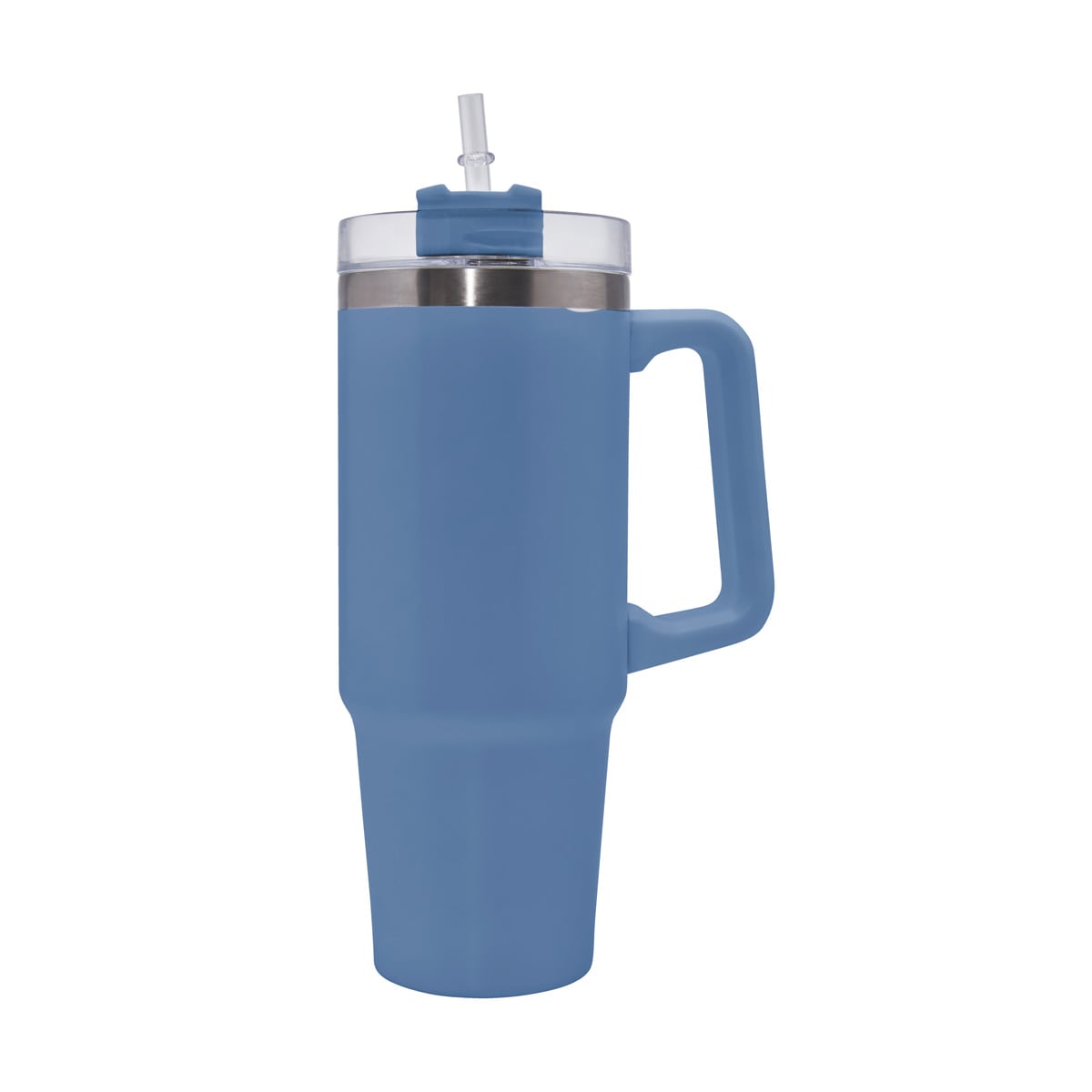 Termo de acero inoxidable personalizado de 850 ml con popote, asa y tapa de tres posiciones para empresas.