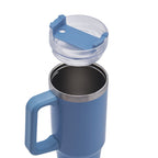 Termo de acero inoxidable personalizado de 850 ml con popote, asa y tapa de tres posiciones para empresas.