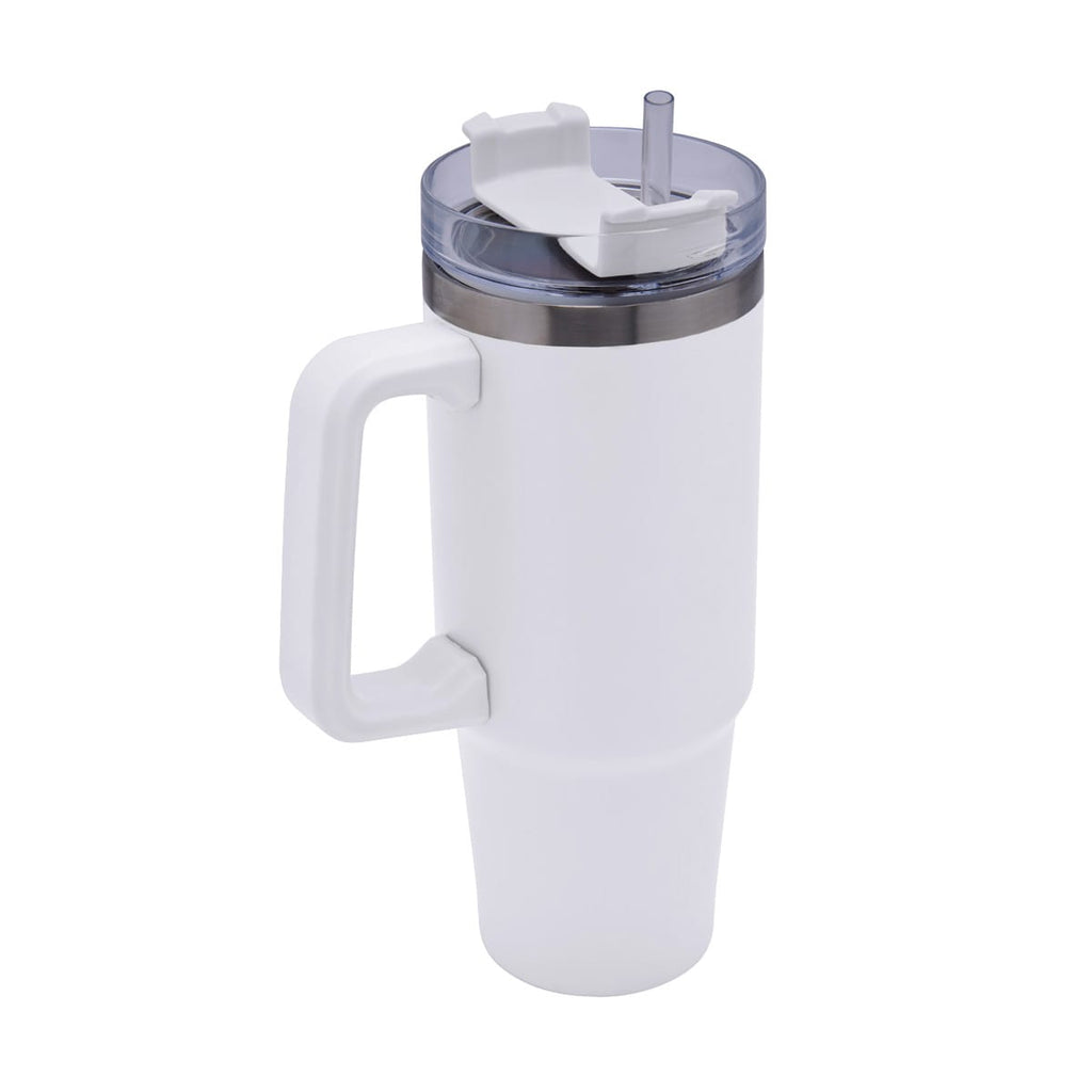 Termo de acero inoxidable personalizado de 850 ml con popote, asa y tapa de tres posiciones para empresas.