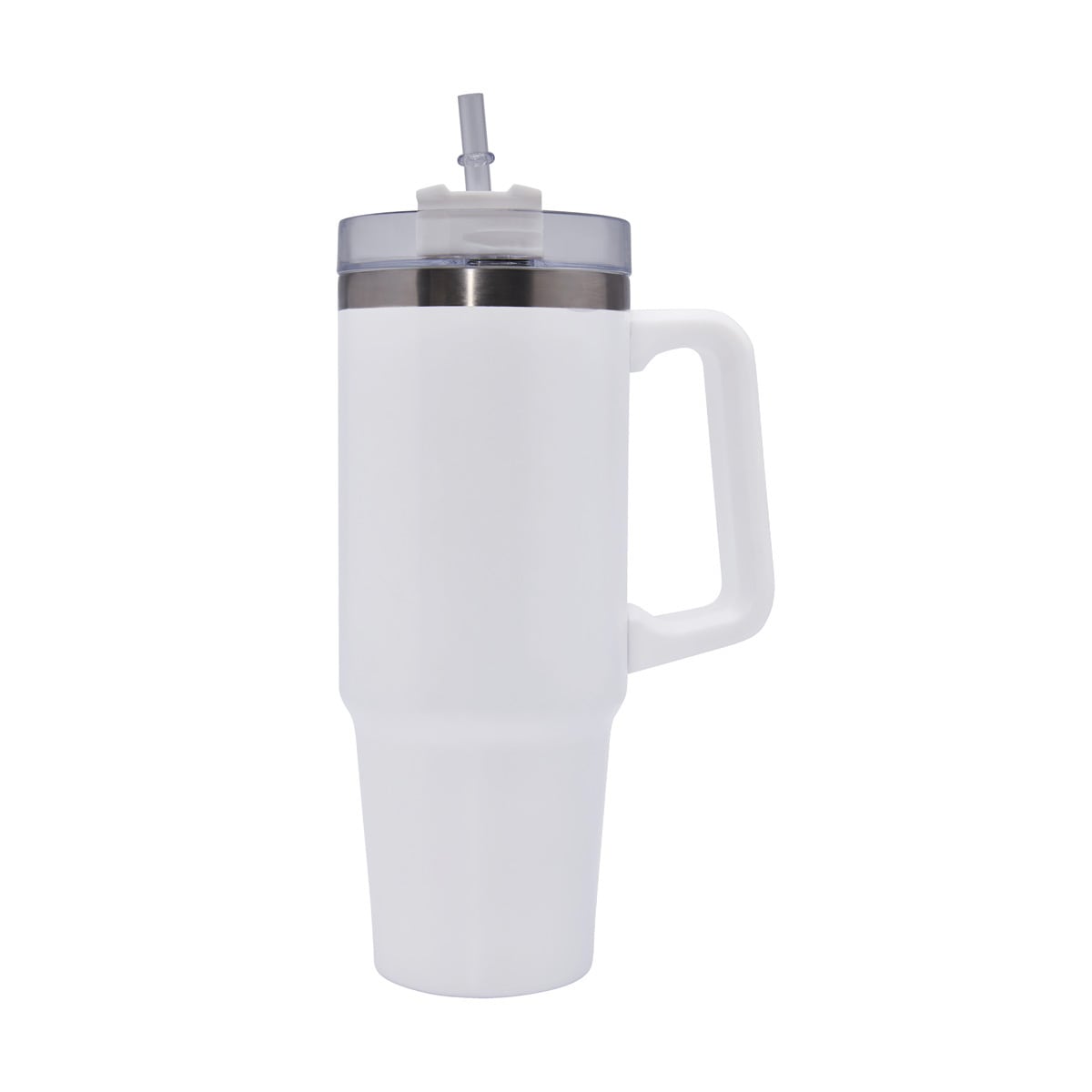 Termo de acero inoxidable personalizado de 850 ml con popote, asa y tapa de tres posiciones para empresas.
