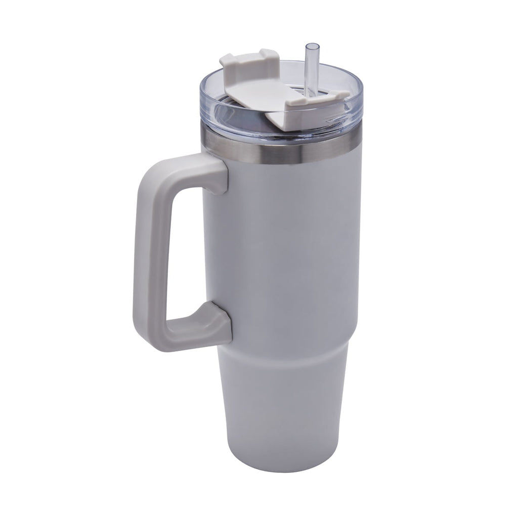 Termo de acero inoxidable personalizado de 850 ml con popote, asa y tapa de tres posiciones para empresas.