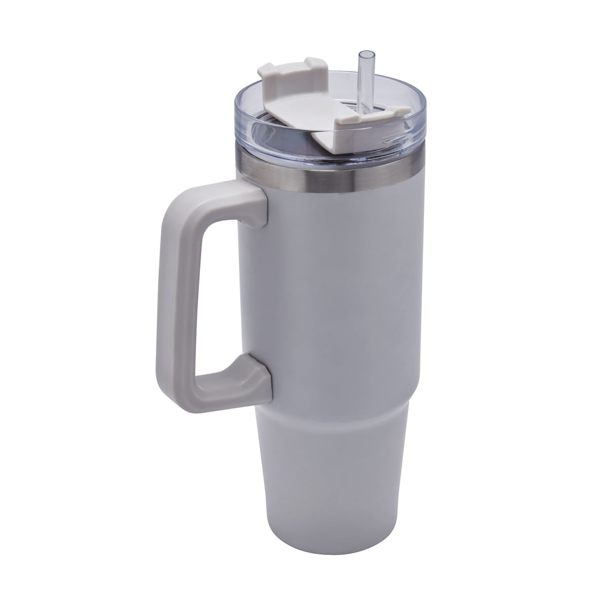Termo de acero inoxidable personalizado de 850 ml con popote, asa y tapa de tres posiciones para empresas.