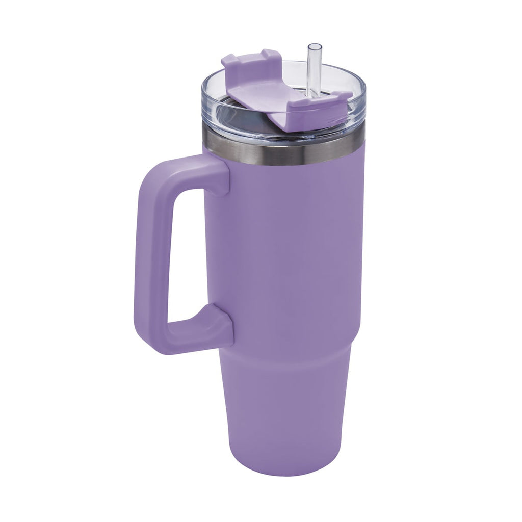Termo de acero inoxidable personalizado de 850 ml con popote, asa y tapa de tres posiciones para empresas.