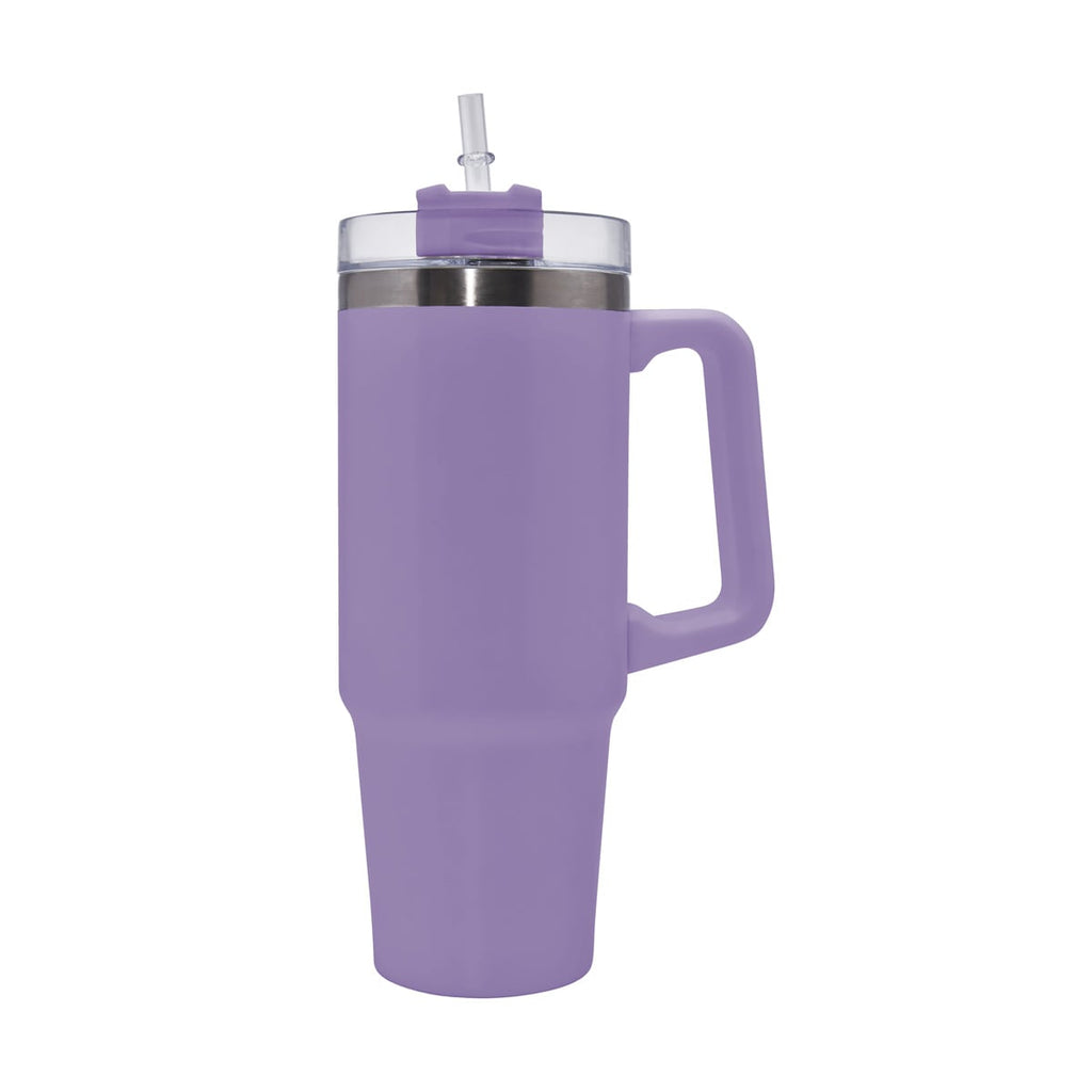 Termo de acero inoxidable personalizado de 850 ml con popote, asa y tapa de tres posiciones para empresas.
