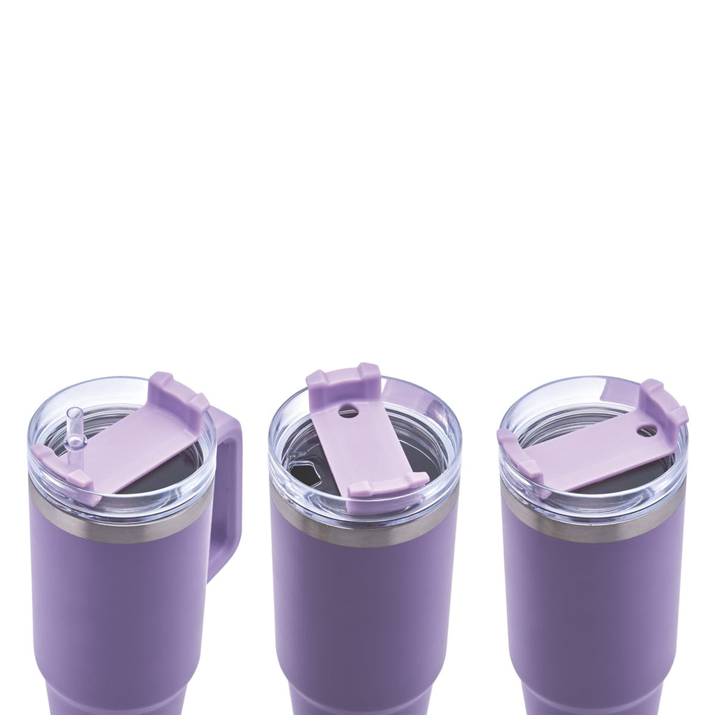Termo de acero inoxidable personalizado de 850 ml con popote, asa y tapa de tres posiciones para empresas.