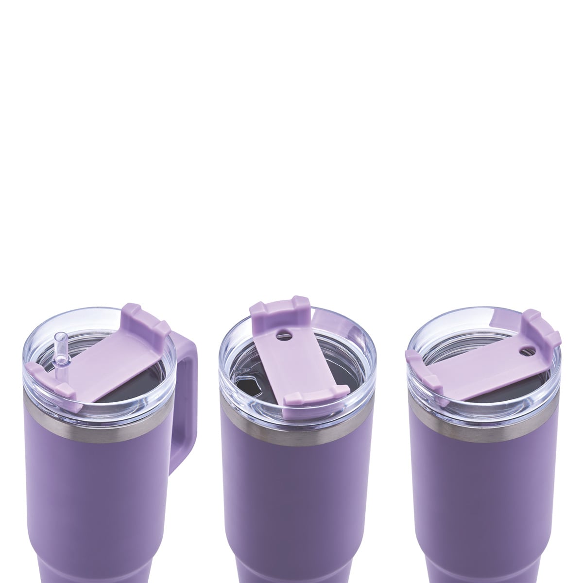 Termo de acero inoxidable personalizado de 850 ml con popote, asa y tapa de tres posiciones para empresas.