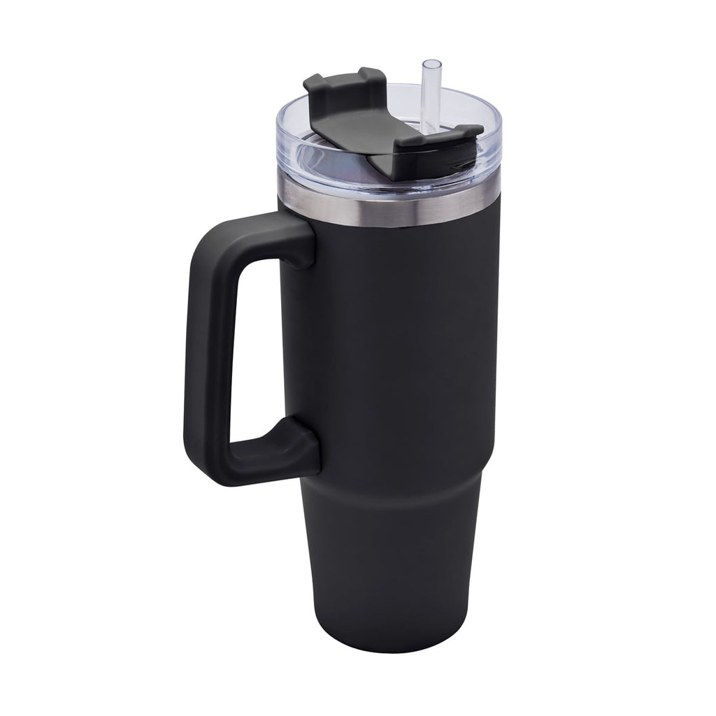 Termo de acero inoxidable personalizado de 850 ml con popote, asa y tapa de tres posiciones para empresas.