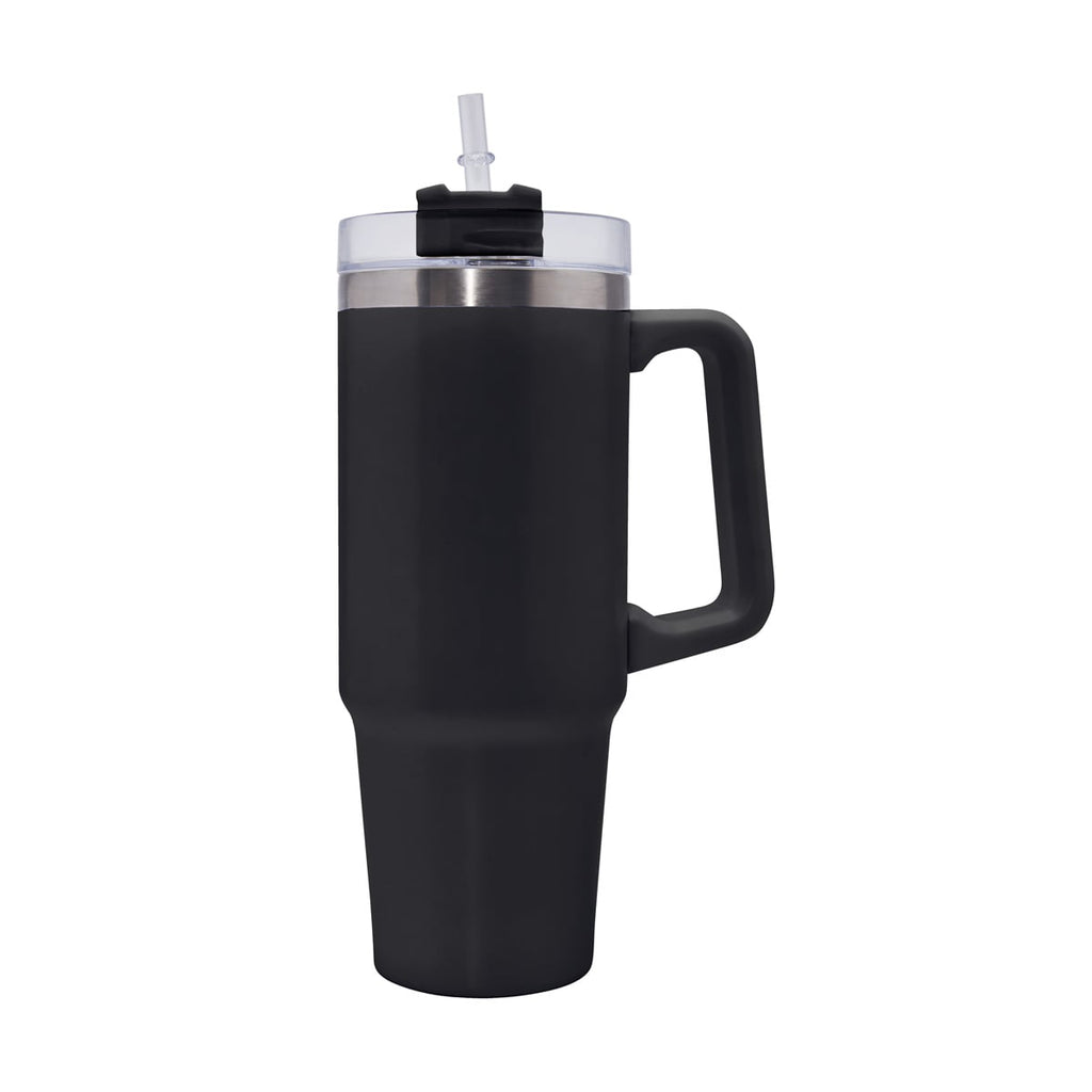 Termo de acero inoxidable personalizado de 850 ml con popote, asa y tapa de tres posiciones para empresas.