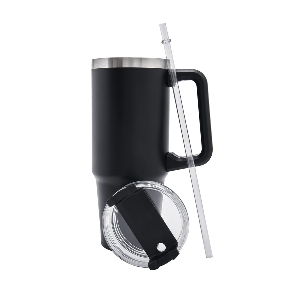 Termo de acero inoxidable personalizado de 850 ml con popote, asa y tapa de tres posiciones para empresas.