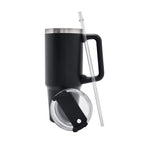 Termo de acero inoxidable personalizado de 850 ml con popote, asa y tapa de tres posiciones para empresas.