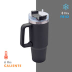 Termo de acero inoxidable personalizado de 850 ml con popote, asa y tapa de tres posiciones para empresas.