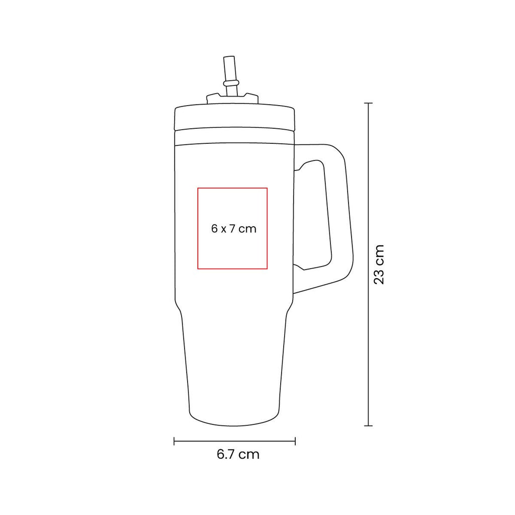 Termo de acero inoxidable personalizado de 850 ml con popote, asa y tapa de tres posiciones para empresas.