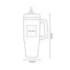 Termo de acero inoxidable personalizado de 850 ml con popote, asa y tapa de tres posiciones para empresas.