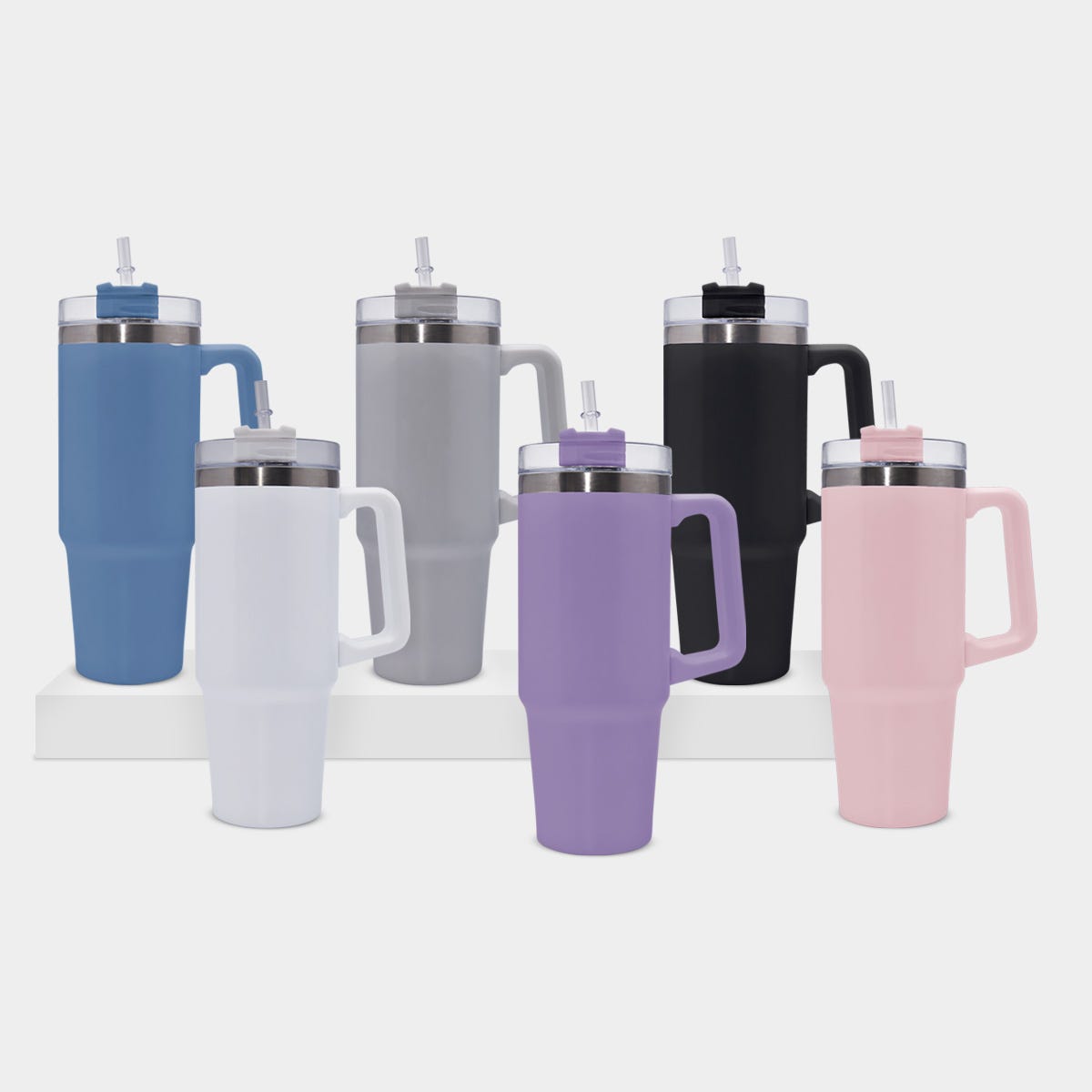 Termo de acero inoxidable personalizado de 850 ml con popote, asa y tapa de tres posiciones para empresas.