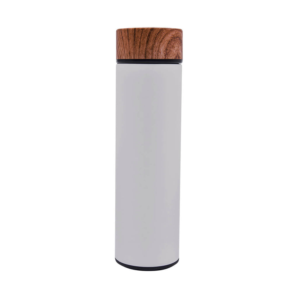 Termo de acero inoxidable personalizado de 480 ml con filtro, acabado rubber y tapa con simulación de madera para empresas.