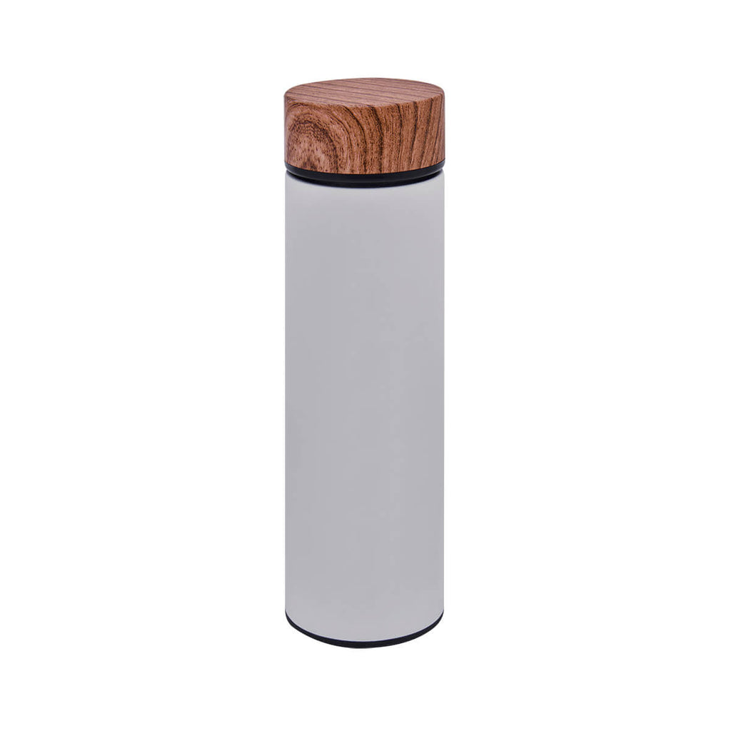 Termo de acero inoxidable personalizado de 480 ml con filtro, acabado rubber y tapa con simulación de madera para empresas.