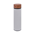 Termo de acero inoxidable personalizado de 480 ml con filtro, acabado rubber y tapa con simulación de madera para empresas.