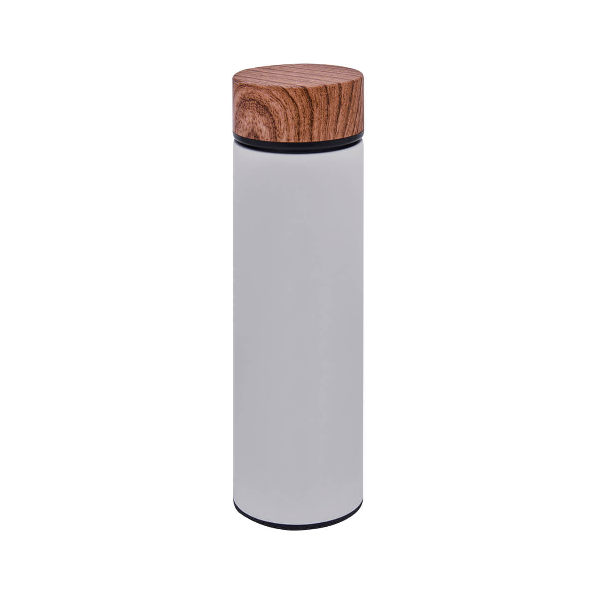 Termo de acero inoxidable personalizado de 480 ml con filtro, acabado rubber y tapa con simulación de madera para empresas.
