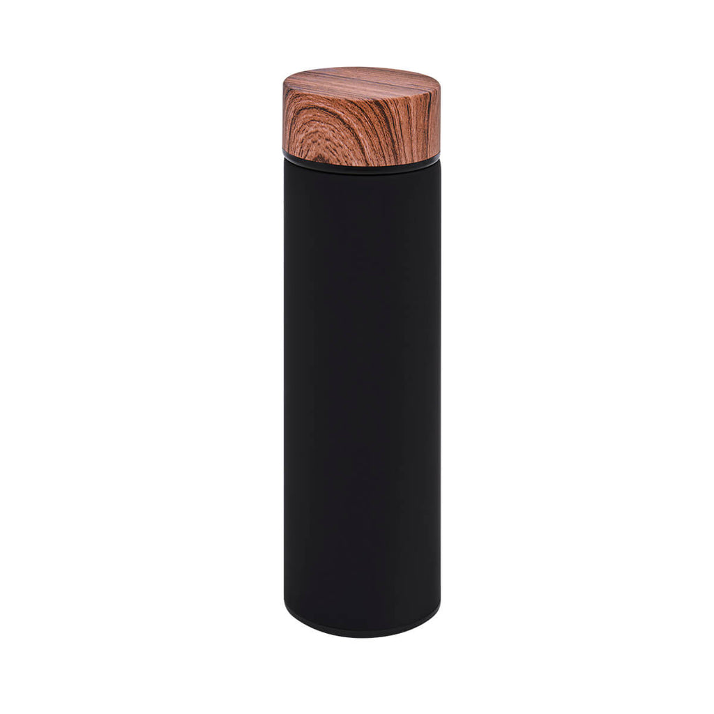 Termo de acero inoxidable personalizado de 480 ml con filtro, acabado rubber y tapa con simulación de madera para empresas.