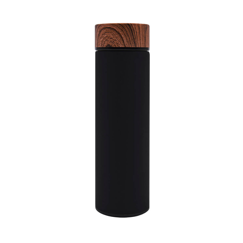 Termo de acero inoxidable personalizado de 480 ml con filtro, acabado rubber y tapa con simulación de madera para empresas.