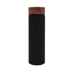 Termo de acero inoxidable personalizado de 480 ml con filtro, acabado rubber y tapa con simulación de madera para empresas.