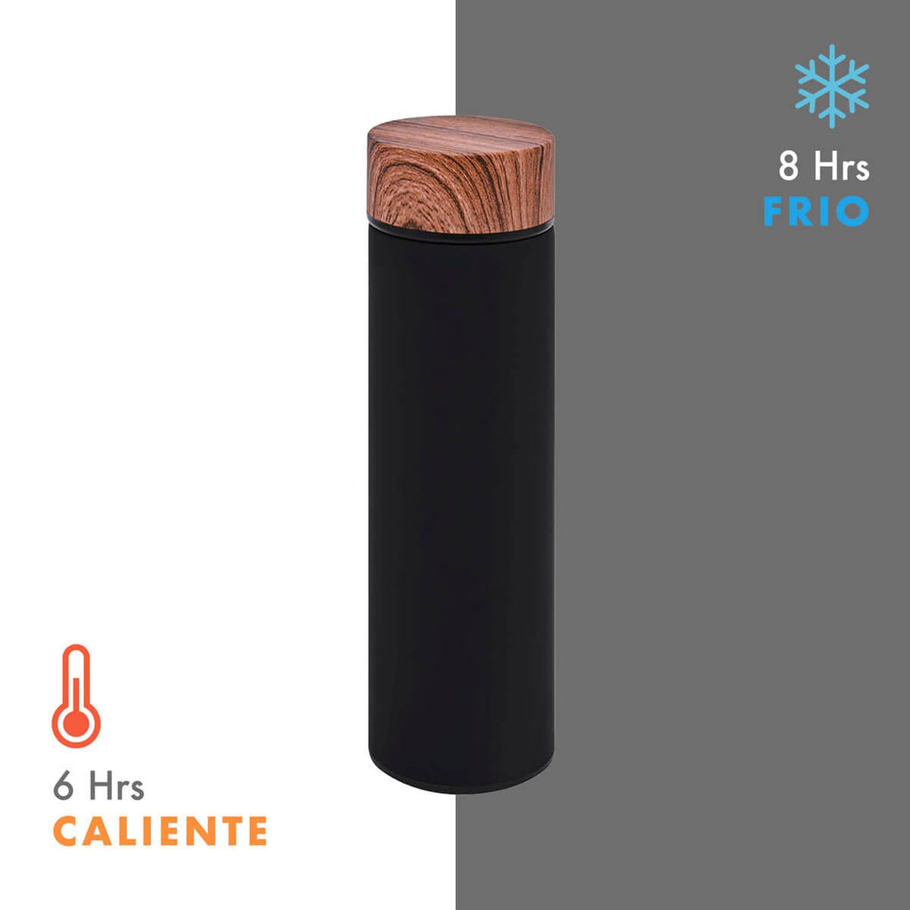 Termo de acero inoxidable personalizado de 480 ml con filtro, acabado rubber y tapa con simulación de madera para empresas.