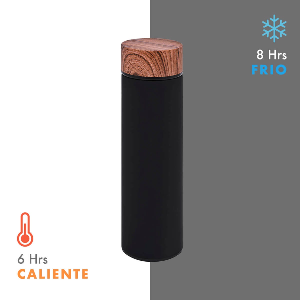 Termo de acero inoxidable personalizado de 480 ml con filtro, acabado rubber y tapa con simulación de madera para empresas.