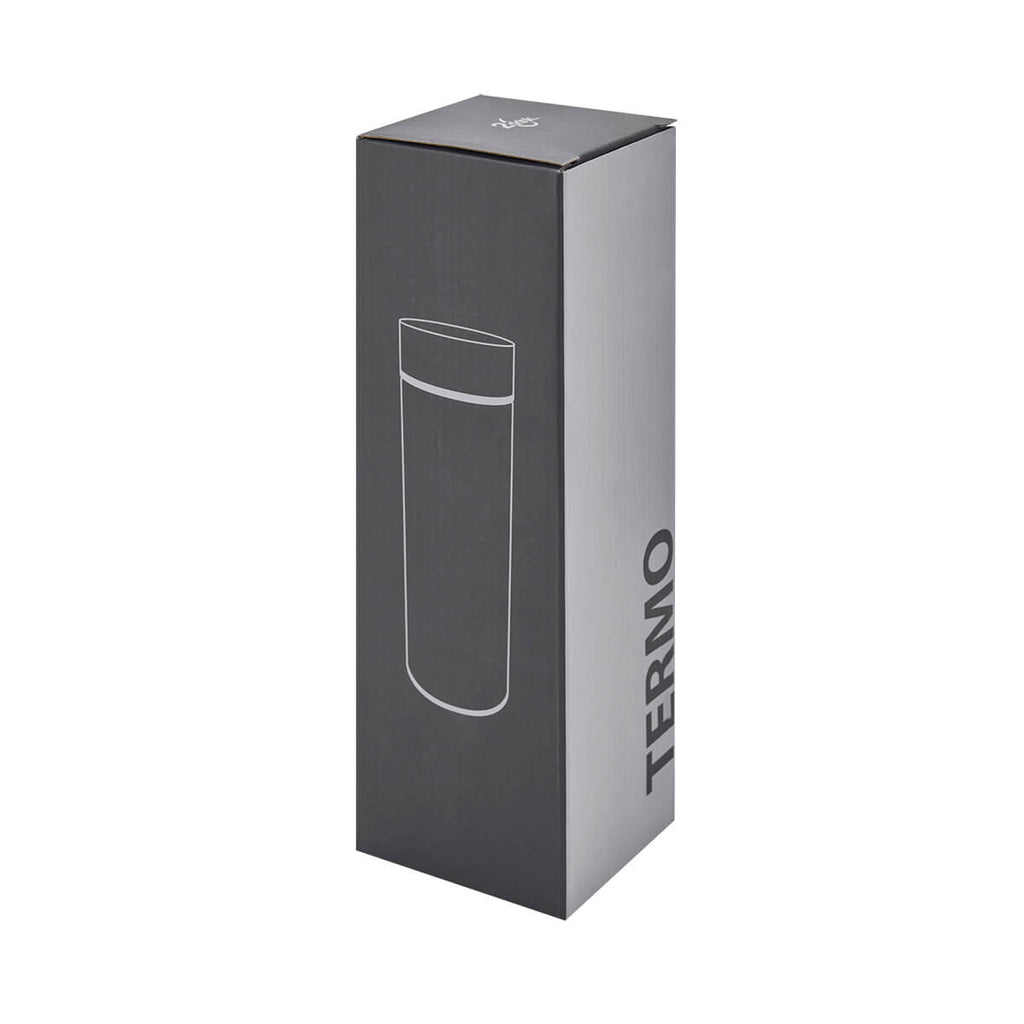 Termo de acero inoxidable personalizado de 480 ml con filtro, acabado rubber y tapa con simulación de madera para empresas.