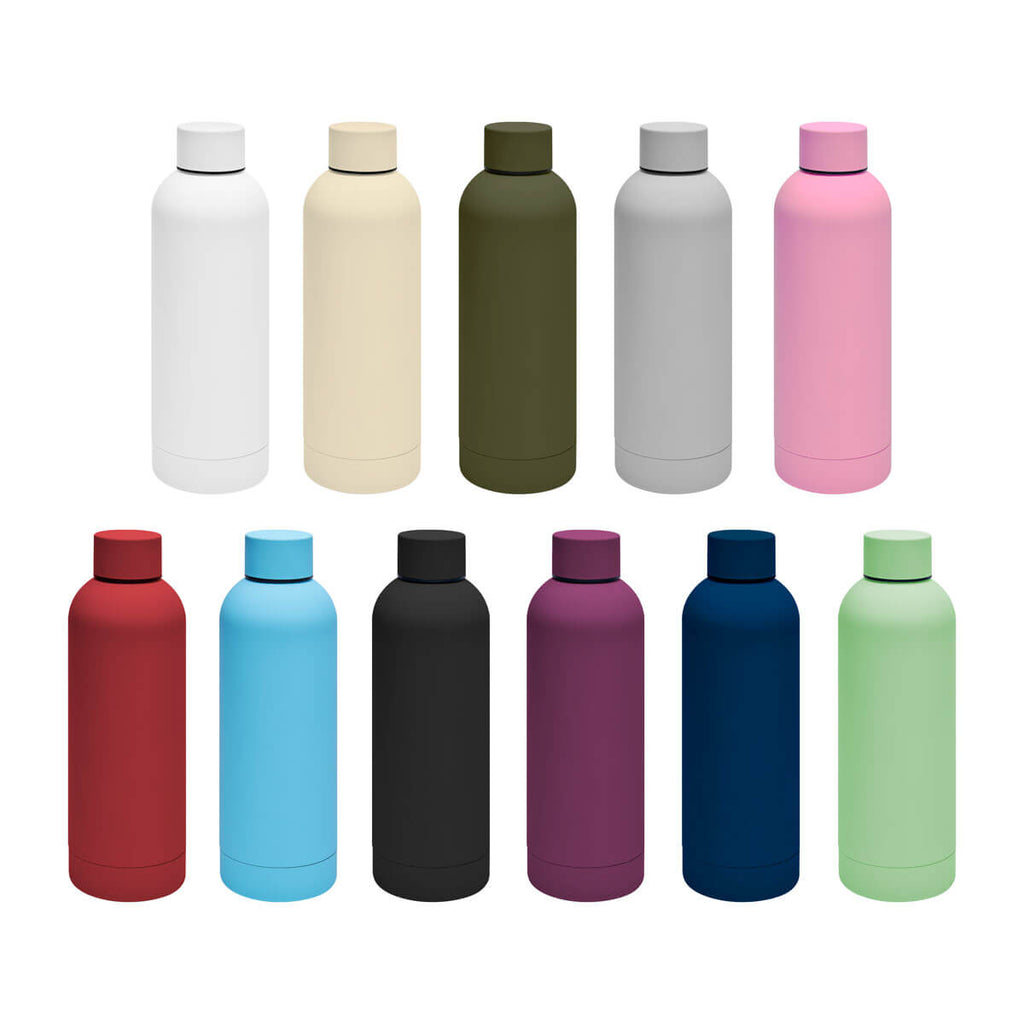 Termo de acero inoxidable personalizado de 520 ml con acabado rubber, doble pared y cerrado al vacío para empresas.