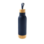 Termo personalizado de acero inoxidable con tapa y base de bambú, aislamiento al vacío y capacidad de 630 ml.