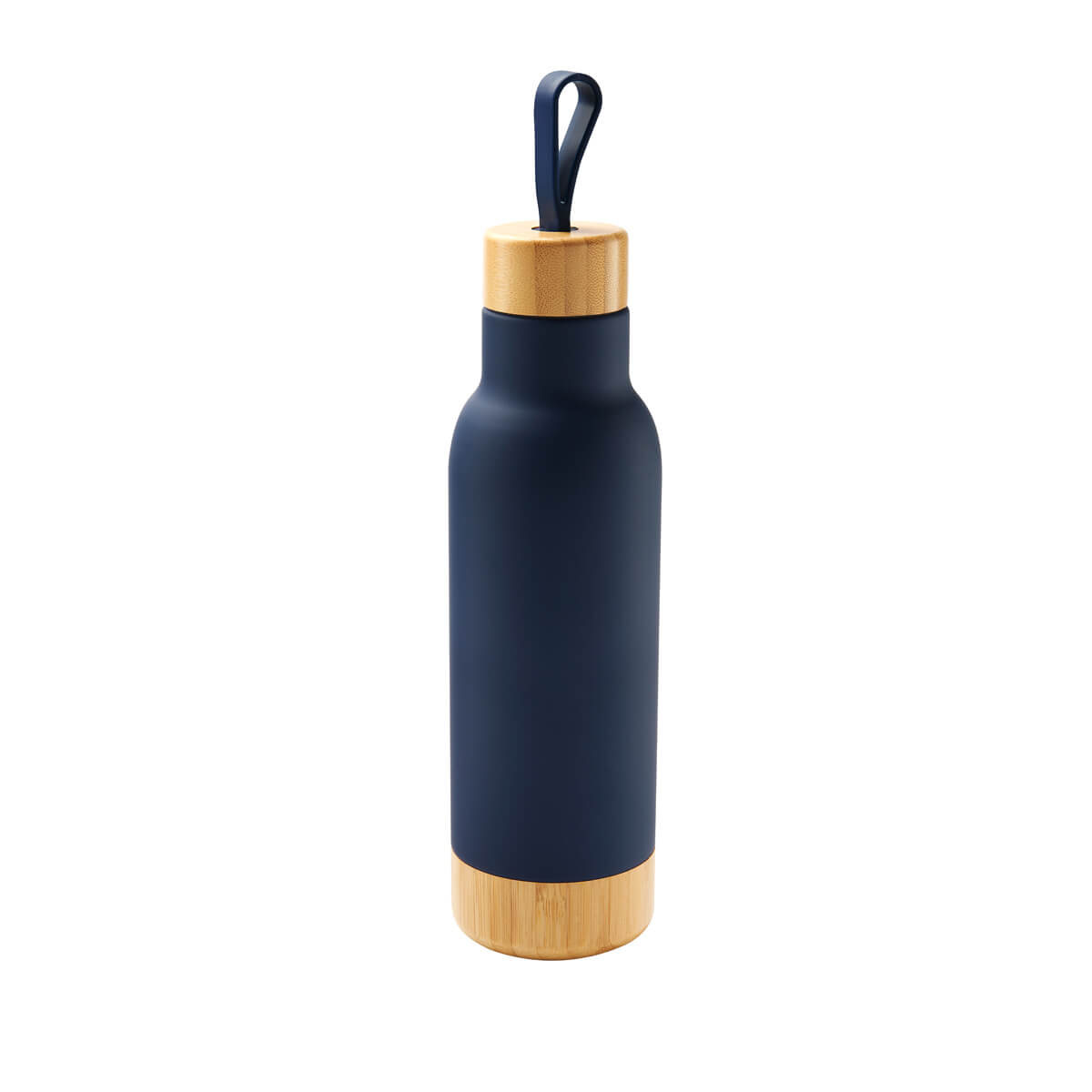 Termo personalizado de acero inoxidable con tapa y base de bambú, aislamiento al vacío y capacidad de 630 ml.